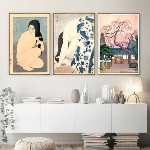 Cherry Blossom Japanese Canvas Paintings Washing the Hair Woman Wall Art Posters Prints Pictures for Living Room Home Decor