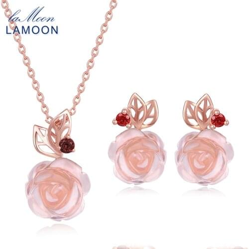 LAMOON FlowerRose Natural Pink Rose Quartz made with 925 Sterling Silver Jewelry Jewelry Set V033-2