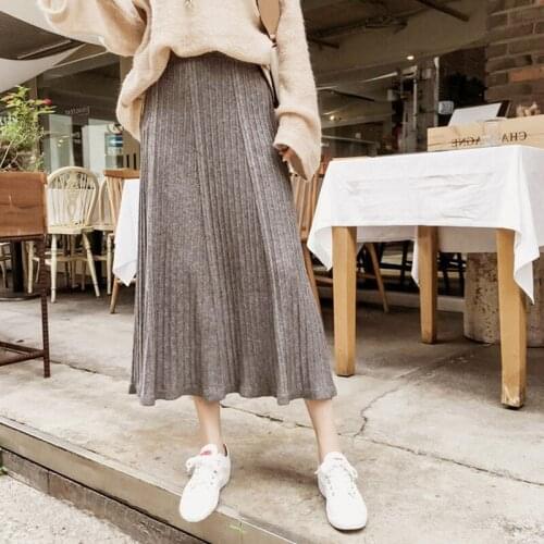 Autumn Winter High Waisted knit Skirt Women solid Mid Calf High Quality Pleated womens Skirts A Line Female elastic waist Skirt