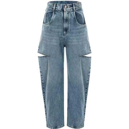 2021 Women Straight ripped Jeans Casual Knife Cut Hole Loose Pants High Waist Street Retro Denim Trousers Female