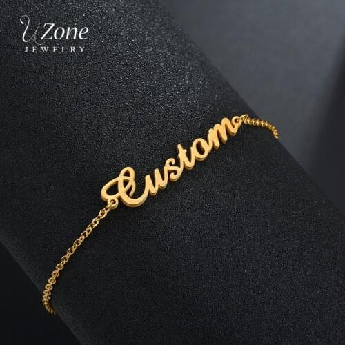 Uzone Trendy Custom Name Anklet Stainless Steel Handmade Personalized Letter Ankle Chains For Women Girlfriend Summer Beach Gift