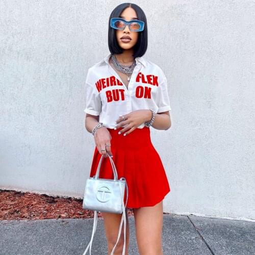 Echoine Letter Print Shirt Short Sleeve Top Pleated Stacked Mini Skirt Set Two Piece Set Women Party Clubwear Outfits Sexy Suit