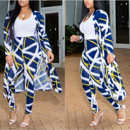 Two Piece Set Geometric Print Women Clothes 2021 Long Sleeve X-Long Cardigan Pencil Pant Vintage 2 Piece Tracksuit Matching Set