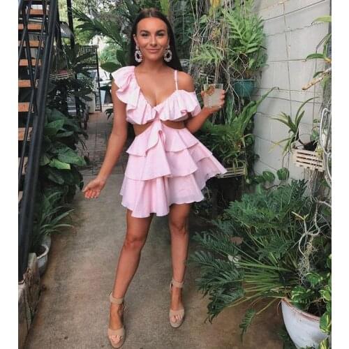 2021 High Quality Women Adjustable Shoulder Strap Rose Dress Sexy Ruffled Sexy Backless Holiday Vocation Mini Dress