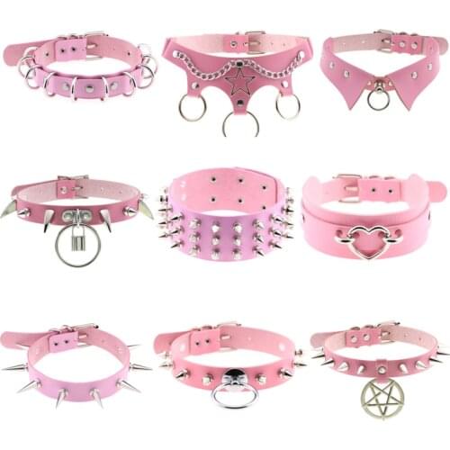 Goth Pink PU Leather Necklaces for Women Rivet Spike Collar Chain Charm Neck Strap Gothic Girls Choker Sexy Cosplay Punk Collar
