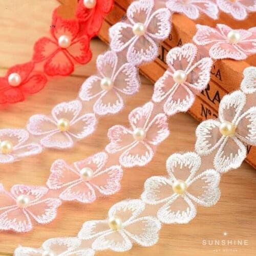 1 yards Four-leaf Clover Pattern Lace Embroidered Pearl Decor Organza Satin Ribbons DIY Gift Packaging Sewing Materials