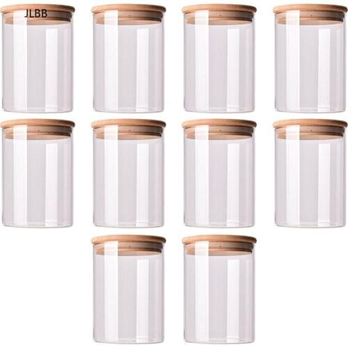 10pcs Durable Glass Sealed Can Food Storage Tank Bamboo Lid Tea Canister Glass Reusable Jar Tank Can for Grain Candy