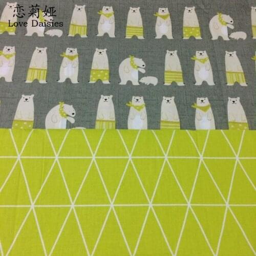 100% Cotton twill cartoon gray bear yellow-green geometric rhombus for DIY kids bedding sheet cushions handwork fabrics sewing