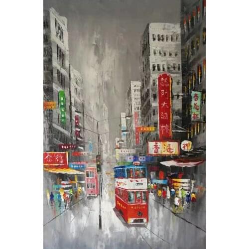 100%Hand Painted Canvas Knife Oil Painting Abstract Hong Kong Trams Street Canvas Painting Wall Art Picture for Home Decoration