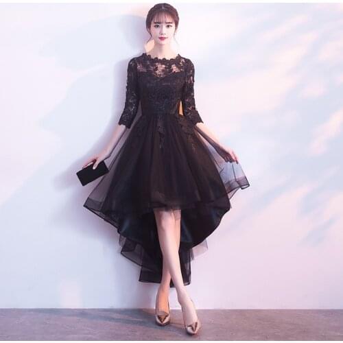 Banquet Prom Dresses 2019 New Short Front Long Back Elegant Party Dresses Black Evening Dresses Half Sleeve Haute Couture