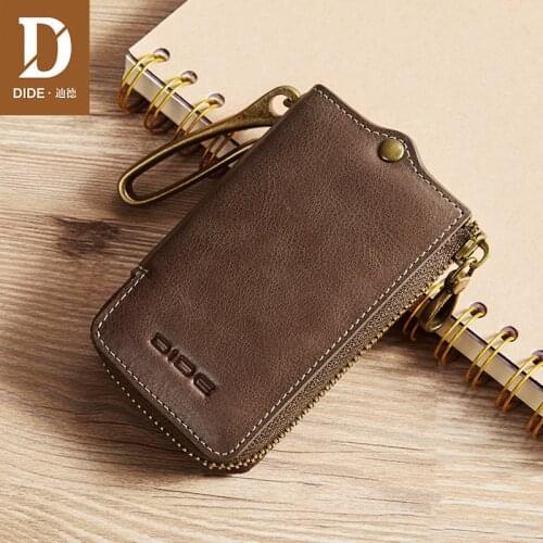 DIDE 2019 New Keychain Covers Zipper Key Case Genuine Leather Wallet Men Small Coin Purses Car key Cow Leather Home Car Keys Bag