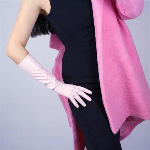 40cm Patent Leather Long Section Gloves Emulation Leather PU Warm Bright Leather Mirror Bright Pink Light Pink Female WPU45-40