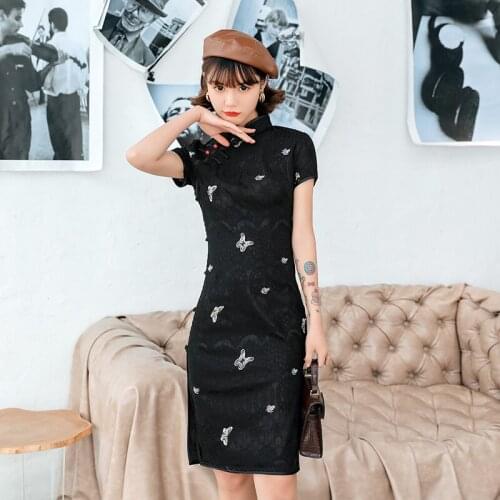 Elegant Black Women Qipao Sexy Embroidery Slim Lace Cheongsam New Vintage Classic Vestidos Plus Size Traditional Chinese Dress