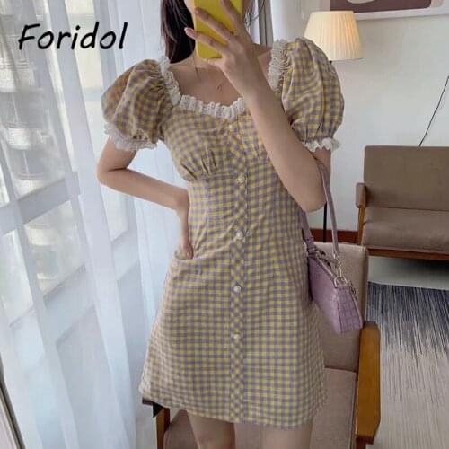 Foridol Lace Spliced Vintage Plaid Summer Dress Women Casual Button Up Beach Short Dress Yellow Korean Style Dress 2021