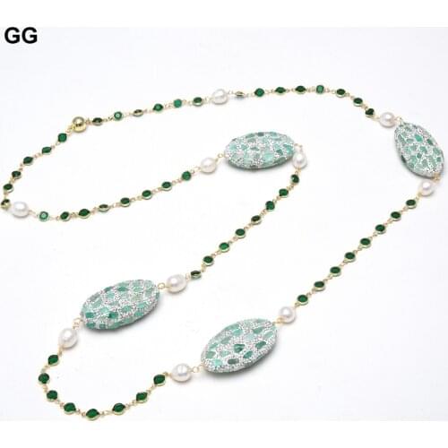 GuaiGuai Jewelry Natural White Pearl Green Jade Aventurines Chips Cz Pave Green Crystal Chain Long Necklace Handmade For Women