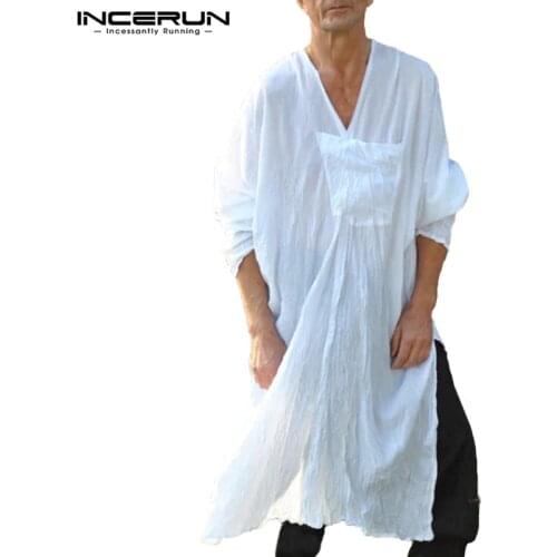 INCERUN Nepal Style Mens Shirts Dress Long Sleeve Shirt Big Pockets V Neck Oversized Length Tops Camisas Masculina Mens Clothing