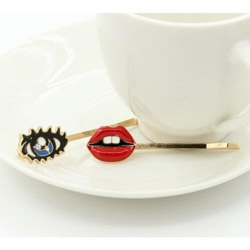 Sexy Red Lip & Charming Eye Fashion Golden Hair Pins and Clips Hair Jewelry Accessories for Women
