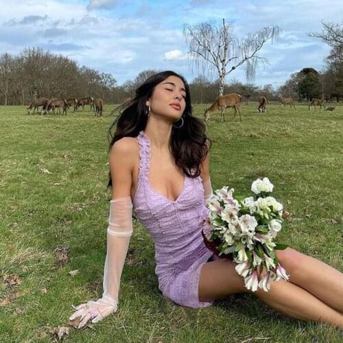 MyErato Wrap Pleated Purple Party Dress Women Patchwork Lace Up Backless Sexy V-neck Halter Dress Y2K Streetwear