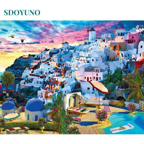SDOYUNO 60x75cm DIY Oil Painting By Numbers Frameless Paint By Numbers Canvas Painting Santorini Landscape Home Decor