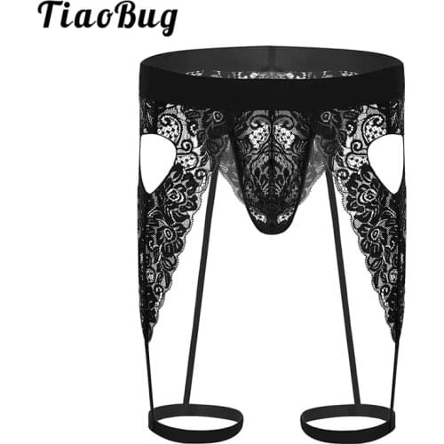 TiaoBug Mens Lingerie See Through Lace Open Butt Bulge Pouch Cutout Sissy Love Heart Bikini G-string Garters Gay Thong Underwear