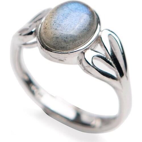 Adjustable Genuine Natural Labradorite Strong Blue Light Stone Bead Stering Sliver Charm Lady Jewelry Ring 9*7mm