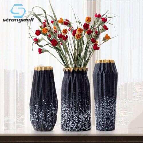 Strongwell Home Decoration Furnishings Ceramic Vase Black-gold Art Vases Container Flower Arrangement Living Room Decoration