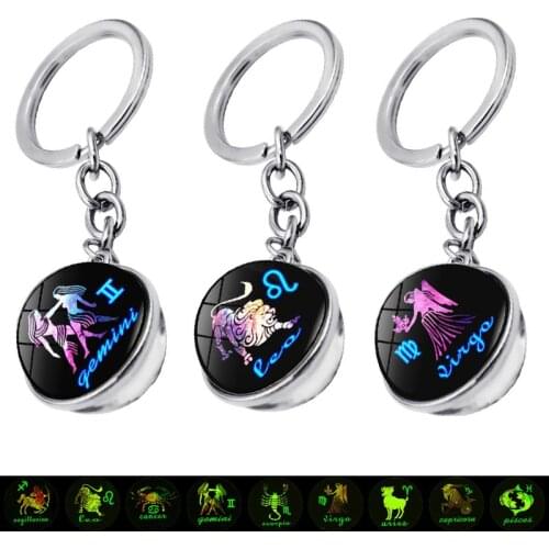 12 Constellation Keychain Zodiac Signs Jewelry Cancer Aries Libra Pisces Glass Ball Pendant Luminous Keychain Accessories Gifts