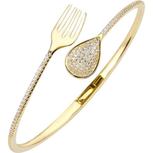 TIRIM Trendy Cubic Zirconia Cuff Fork Spoon Bangle for Women Trident Charm Gift Open Bracelets Jewelry Accessories