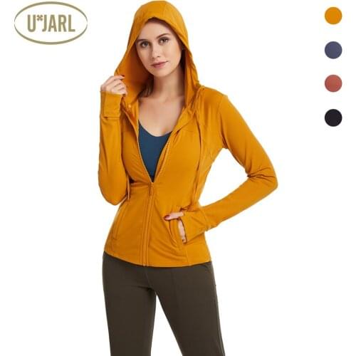 UxJARL Workout Coat Hoody Long Sleeved With Thumb Holes Zipped Ladies Women Cycling Jogging Training Exercise Fitness Jacket