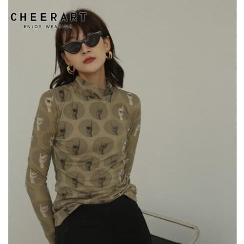 CHEERART Vintage T Shirt Turtle Neck Long Sleeve Top Aesthetic Tight Tee Shirt Femme Underwear Women Fall Clothes