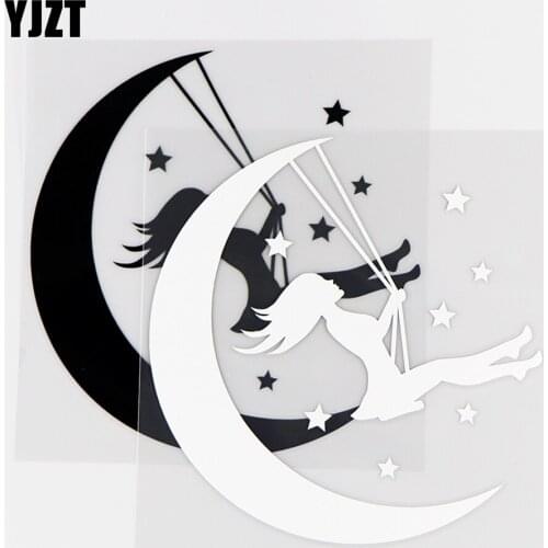 YJZT 13×13.5CM Funny Car Sticker Vinyl Decals Girl On The Swing On The Moon Black / Silver 10A-0501