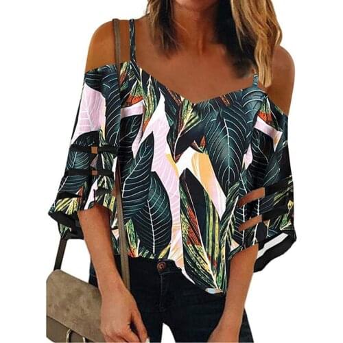 Autumn Women Shirt Chiffon Shirt Printing Off Shoulder Summer Flare Sleeve Mesh Patchwork Tops Футболка