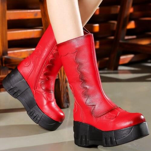 Genuine Leather Ladies Chunky Heels Platform Boots Women 2021 Autumn Winter Woman Shoes Fashion Female Motorcycles Boots Mujer