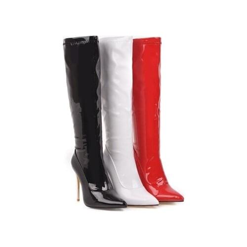 Women Shoes Fashion Sexy Stilettos Patent Leather Pointed Toe Women Shoes Pumps Platform Black Red Over Knee Boots Female Shoes