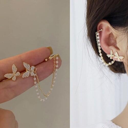 Christams Korean Elegant Cute Rhinestone Butterfly Stud Earrings For Women Girls Fashion Metal Chain Boucle D'oreille Jewelry