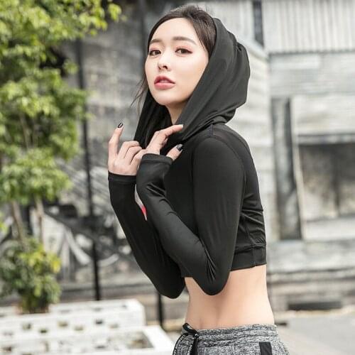 Women Long Sleeve Sports Crop Tops Running Hoodie Sexy Yoga T-shirts Breathable Short Fitness Dance Gym Workout Tee Shirts Tops