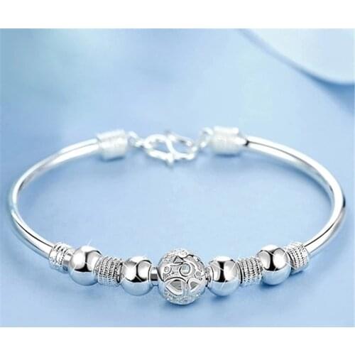 Fashion Silver Color Round Beads Charm Cuff Bracelets&Bangle For Women Elegant Adjustable Chain Wedding Jewelry sl096