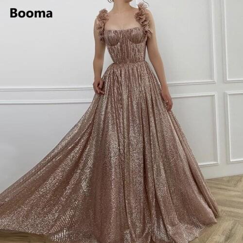Booma Simple Glitter Tulle Maxi Prom Dresses 2021 Ruffled Straps Bustier Top A-Line Wedding Party Gowns Formal Evening Dresses