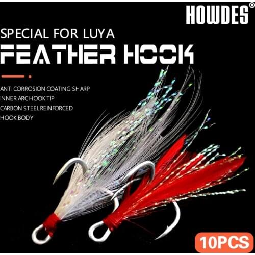 10Pcs/lot Fishing Treble Hooks Feather Hooks Hook Stronger Carbon Steel Barbed Fishhooks Pesca Accessary