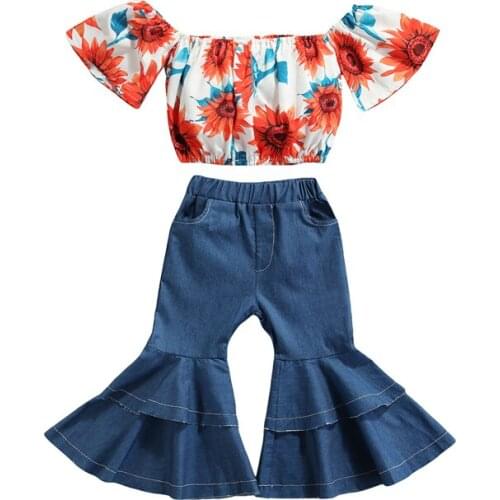 Pudcoco 2-7T 2Pcs Summer Floral Print Off-the-Shoulder Flare Short Sleeve Tops+Denim Jeans Flare Pants Outfit Sets