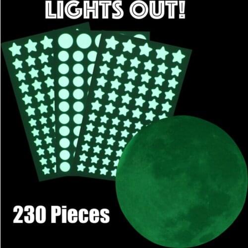 230PCS Glow In The Dark Stars Moon Gift Wall Decal Stickers Children Kids Room Decoration Cartoon Fluorescent Stickers