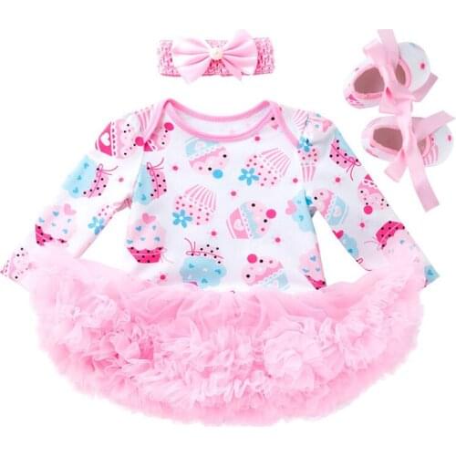 3Pcs Cake Smash Outfits Baby Girl First Birthday Dress Lace Ice Cream Tutu Dress+Headband+Shoes for Toddler Pink Clothes Set 9M