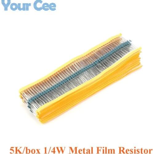 5000PCS 1/4W Metal Film Resistor Resistance 1% 1M 100R 220R 470R 1K 10K 100K 1.5K 2.2K 4.7K 10K 22K 47K 2.2 4.7 10 22 47 100 ohm
