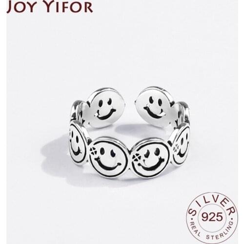 925 Sterling Silver Rings for Women Smile Face Vintage Wedding Trendy Jewelry Large Adjustable Antique Rings Anillos New