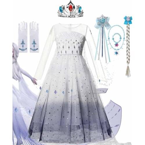 Halloween Elsa 2 Anime Cosplay Costume for Kids Princess Elsa Dress White Mesh Ball Gown Girls Wedding Party Vestidos