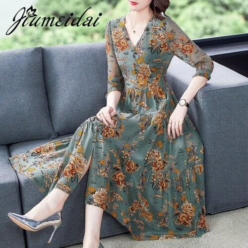 JiuMeiDai 2021 Women New Spring A-Line Dress Office Lady Elegant Floral Printed Long Dresses Female V-Neck Retro Party Clothing