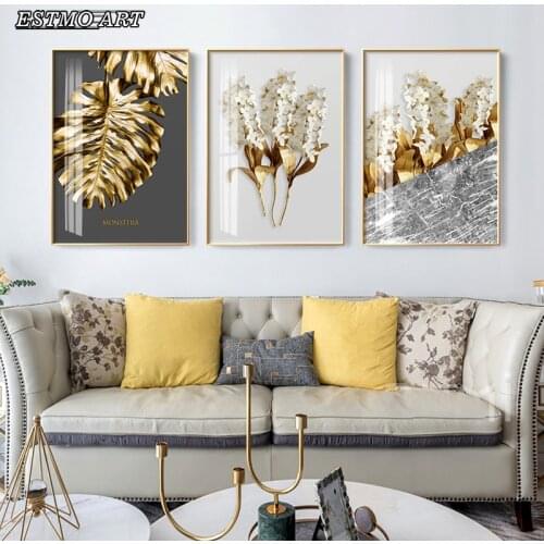 Canvas Painting abstract art Gold Big leaves Poster custom print living room wall art picture Nordic Hoom Decorative Paintings