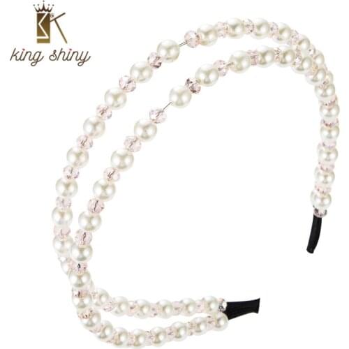 King Shiny Elegant Korean Imitation Pearl Beaded Headband Temperament Color Crystal Hairband Bridal Wedding Jewelry Tiara Crowns
