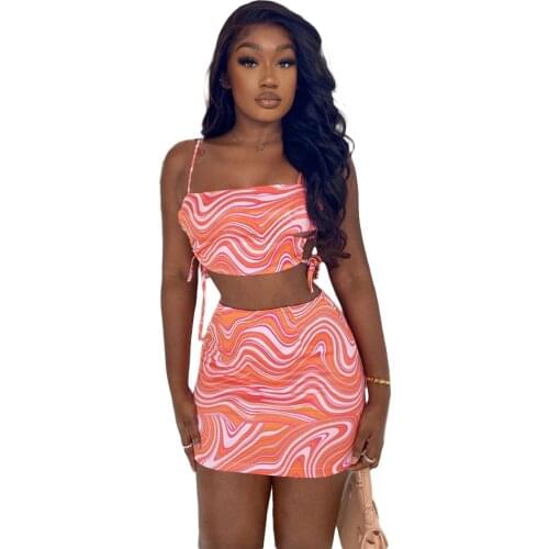 Harajuku Skirt Suit 2021 New Side Tie Water Ripple Suspender T-Shirt Two-Piece Printed Satin Vest Slim Skirt Suit