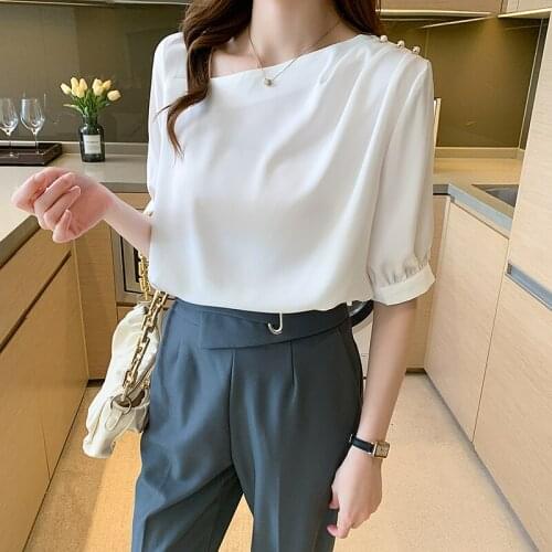 Summer Women Fashion Short Sleeve Satin Blouse Solid Color Suit Shirt Sexy Skew Collar Elegant Beading Blouses Femme Korean Tops